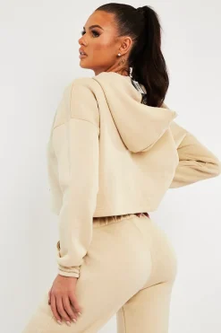 Rebellious Fashion Beige Box Fit Cropped Hoodie - Neala