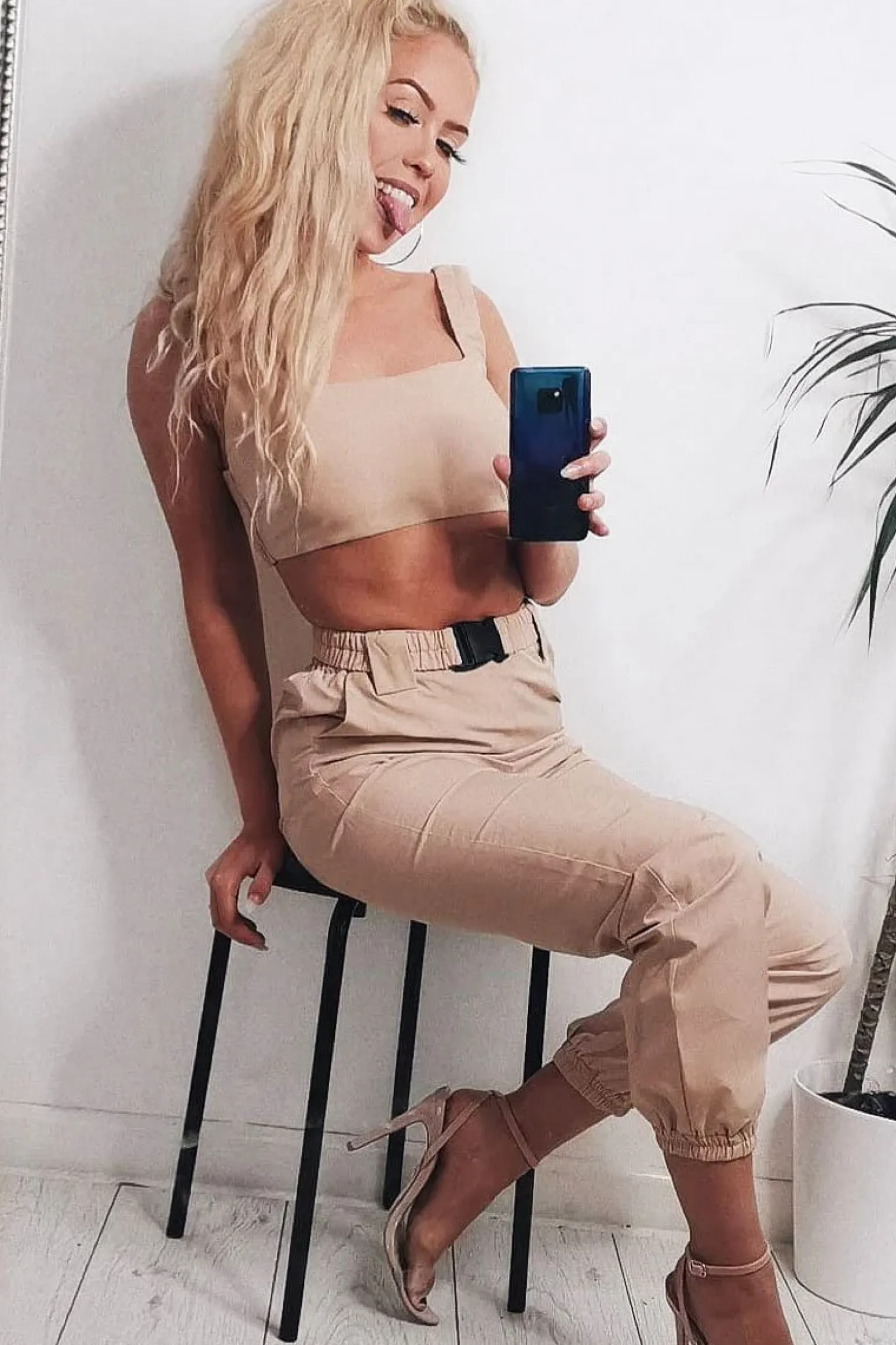 Rebellious Fashion Beige Buckle Cargo Pant Crop Top Co-Ord - Kahri