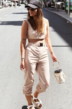 Rebellious Fashion Beige Buckle Cargo Pant Crop Top Co-Ord - Kahri