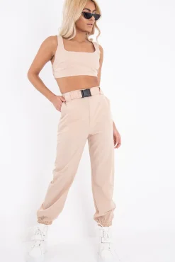 Rebellious Fashion Beige Buckle Cargo Pant Crop Top Co-Ord - Kahri