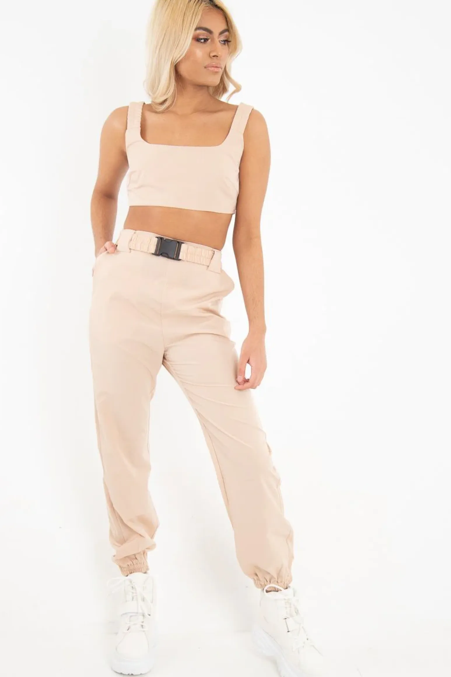 Rebellious Fashion Beige Buckle Cargo Pant Crop Top Co-Ord - Kahri