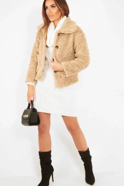Rebellious Fashion Beige Button Front Borg Coat - Jordana