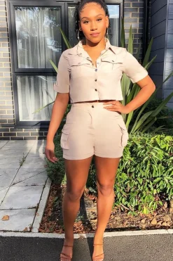 Rebellious Fashion Beige Button Front Utility Shirt Shorts Co-ord - Galia