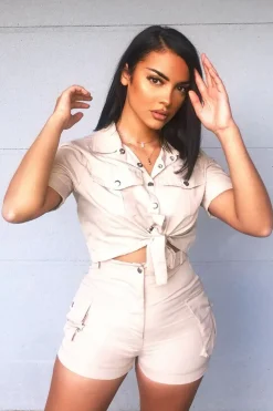 Rebellious Fashion Beige Button Front Utility Shirt Shorts Co-ord - Galia