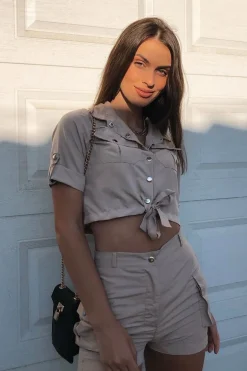 Rebellious Fashion Beige Button Front Utility Shirt Shorts Co-ord - Galia