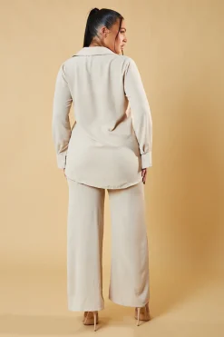Rebellious Fashion Beige Button Up Front Shirt & Wide Leg Trouser Co-ord - Alicia