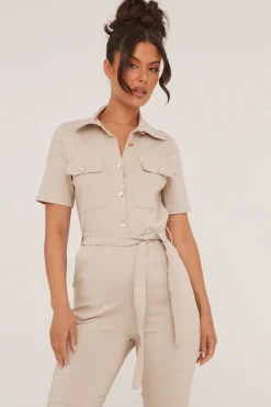 Rebellious Fashion Beige Button Up Front Utility Jumpsuit - Crystal