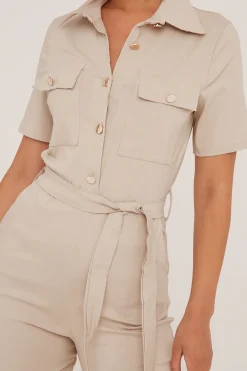 Rebellious Fashion Beige Button Up Front Utility Jumpsuit - Crystal