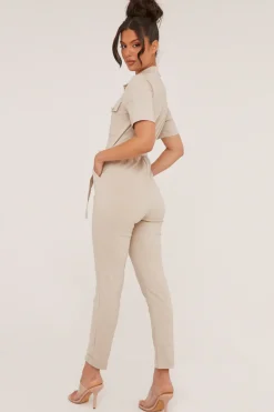 Rebellious Fashion Beige Button Up Front Utility Jumpsuit - Crystal