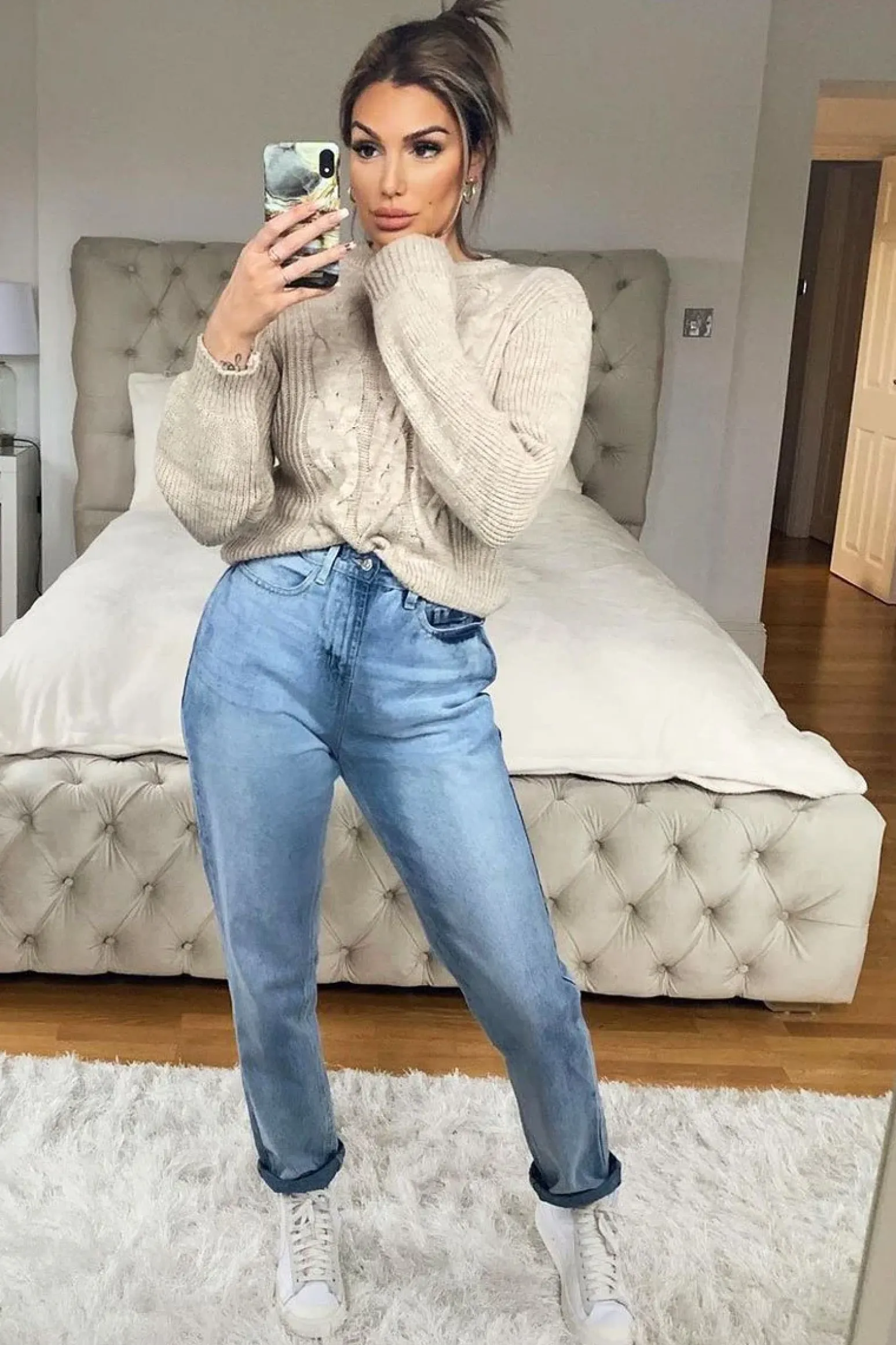 Rebellious Fashion Beige Cable Front Round Neck Jumper - Idah
