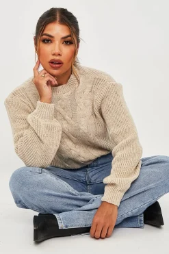 Rebellious Fashion Beige Cable Front Round Neck Jumper - Idah