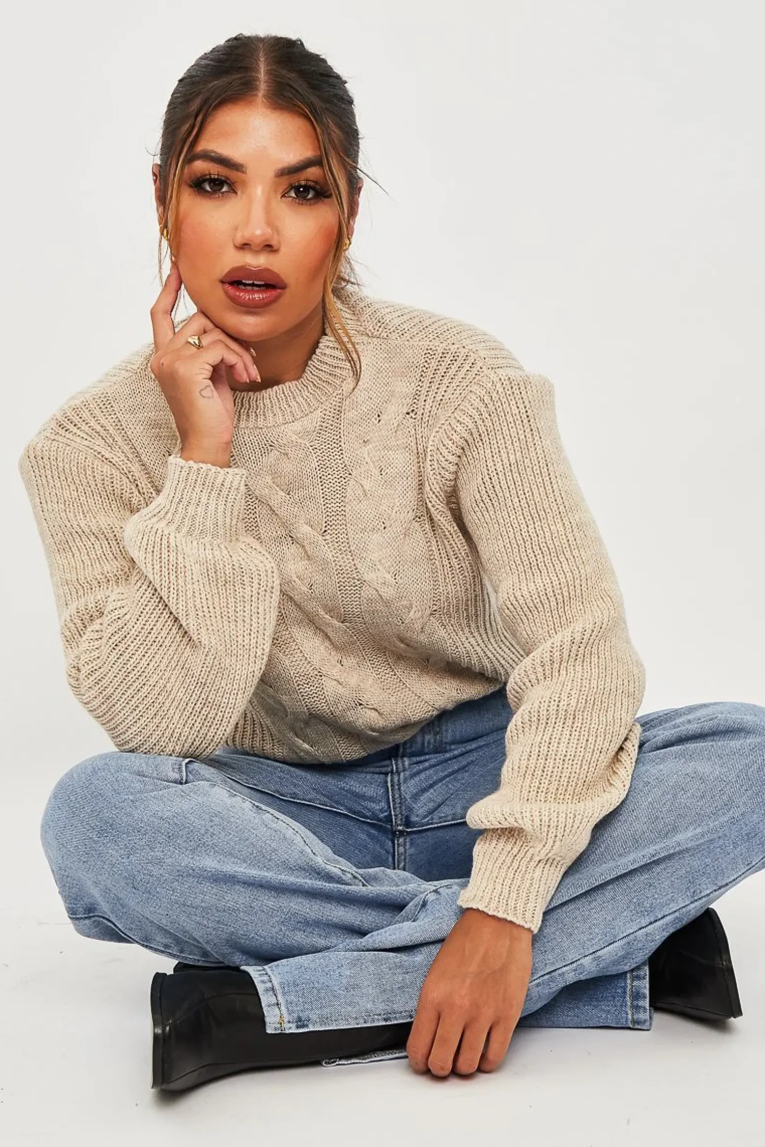 Rebellious Fashion Beige Cable Front Round Neck Jumper - Idah