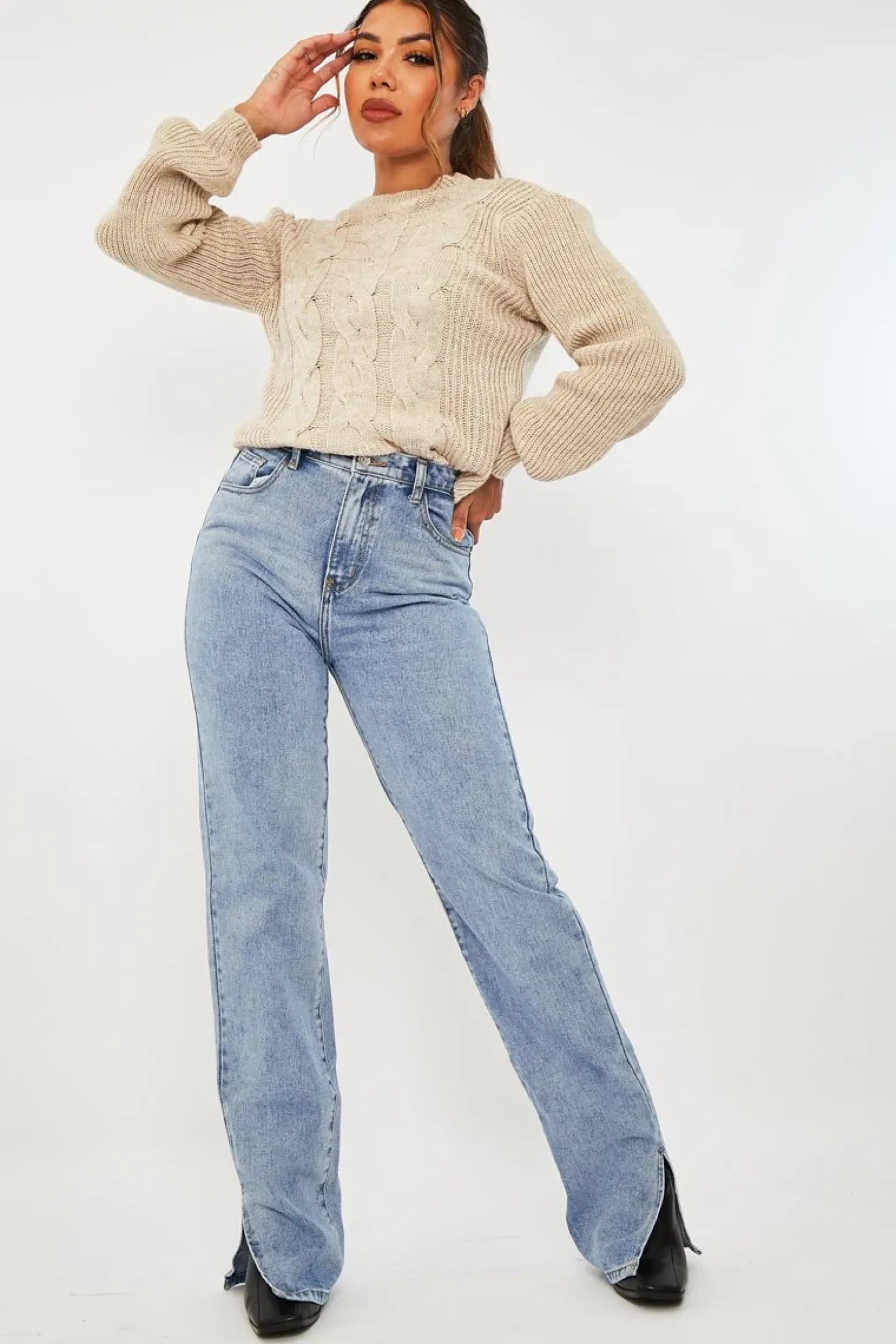 Rebellious Fashion Beige Cable Front Round Neck Jumper - Idah