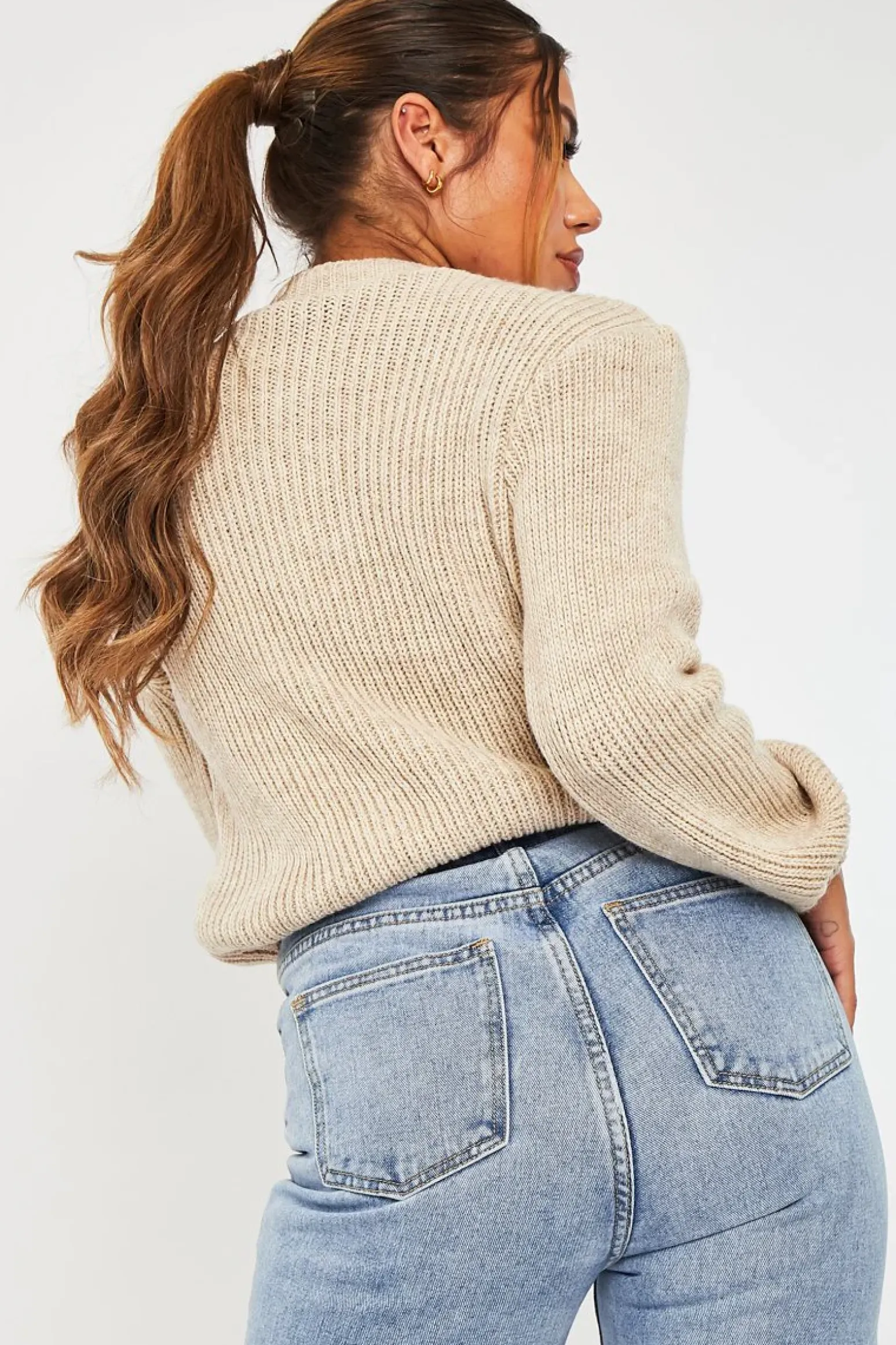 Rebellious Fashion Beige Cable Front Round Neck Jumper - Idah