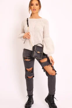 Rebellious Fashion Beige Cable Knit Balloon Sleeve Jumper - Elicia