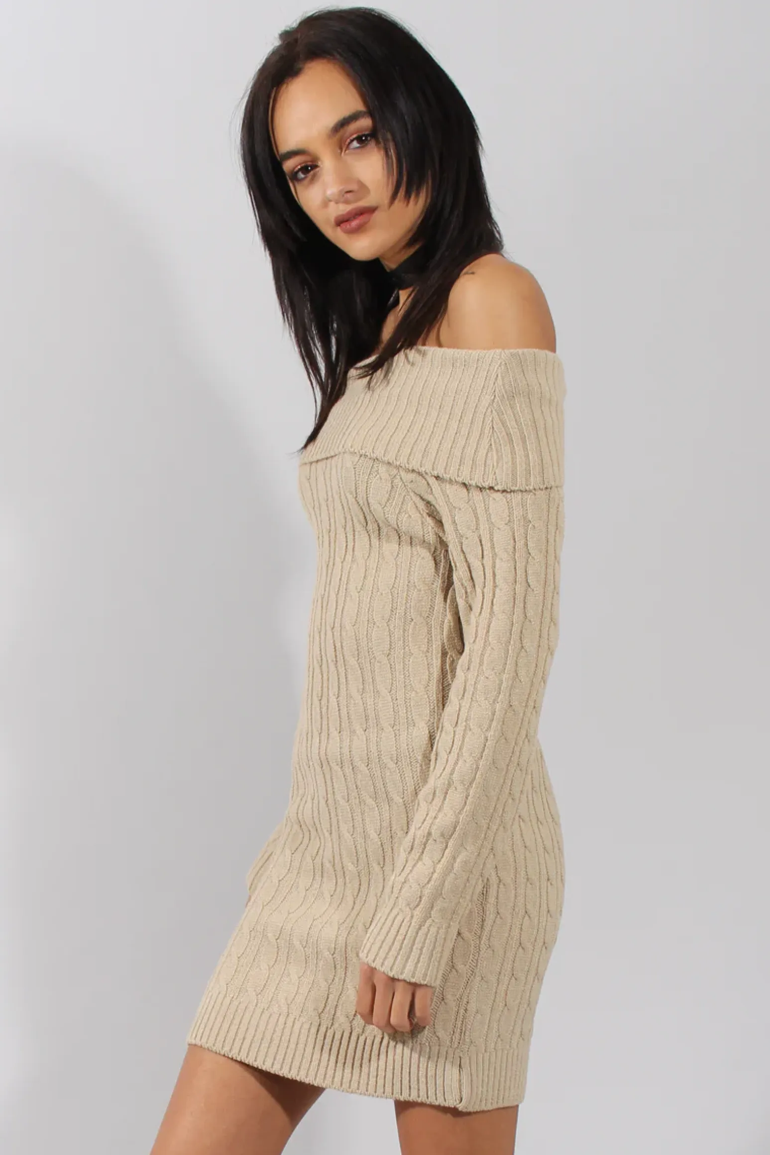 Rebellious Fashion Beige Cable Knit Bardot Dress - Peeta