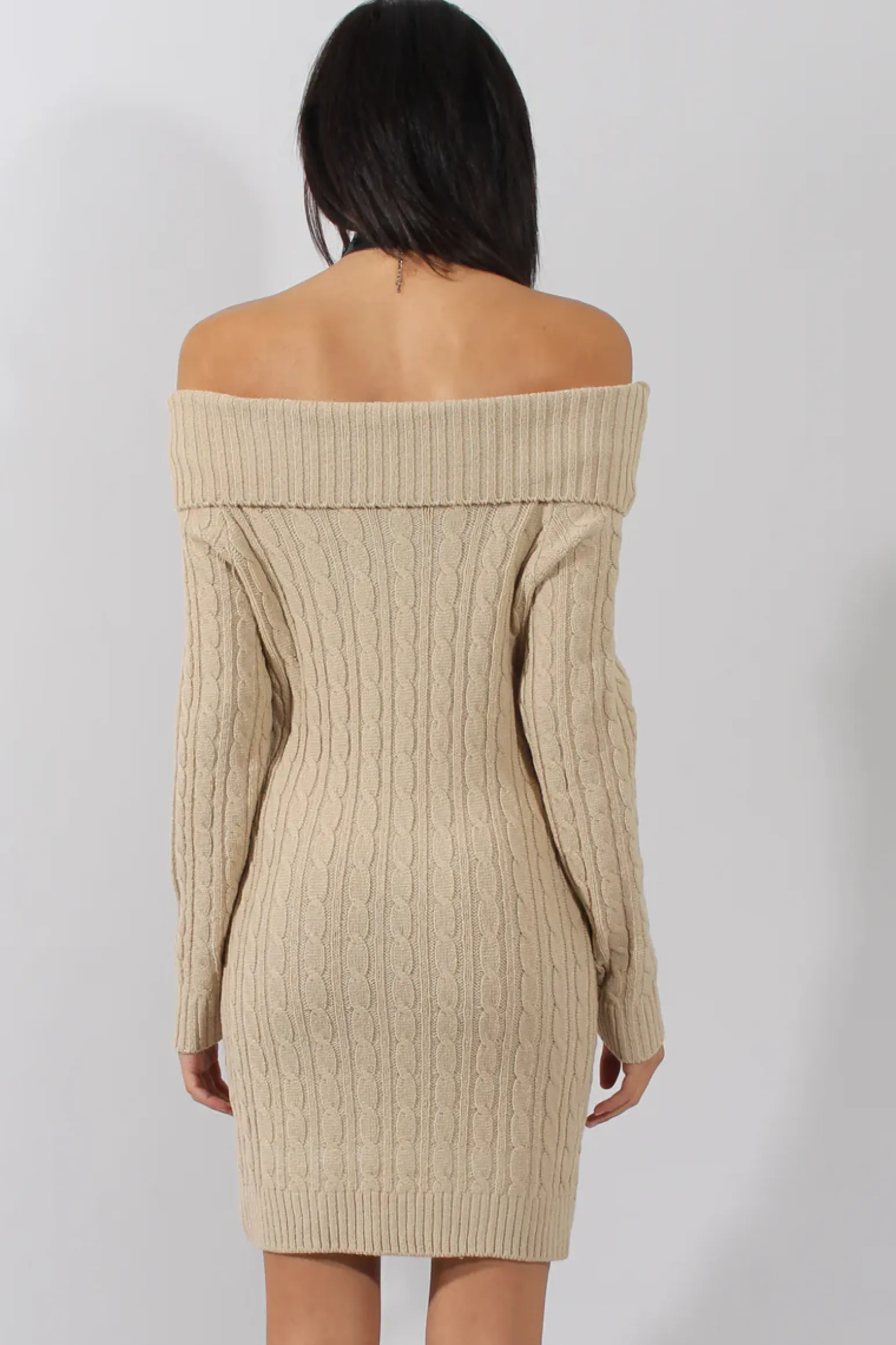 Rebellious Fashion Beige Cable Knit Bardot Dress - Peeta
