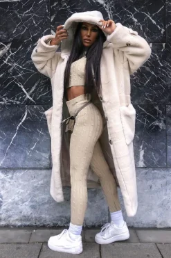Rebellious Fashion Beige Cable Knit Batwing Jumper Loungewear Set - Janea