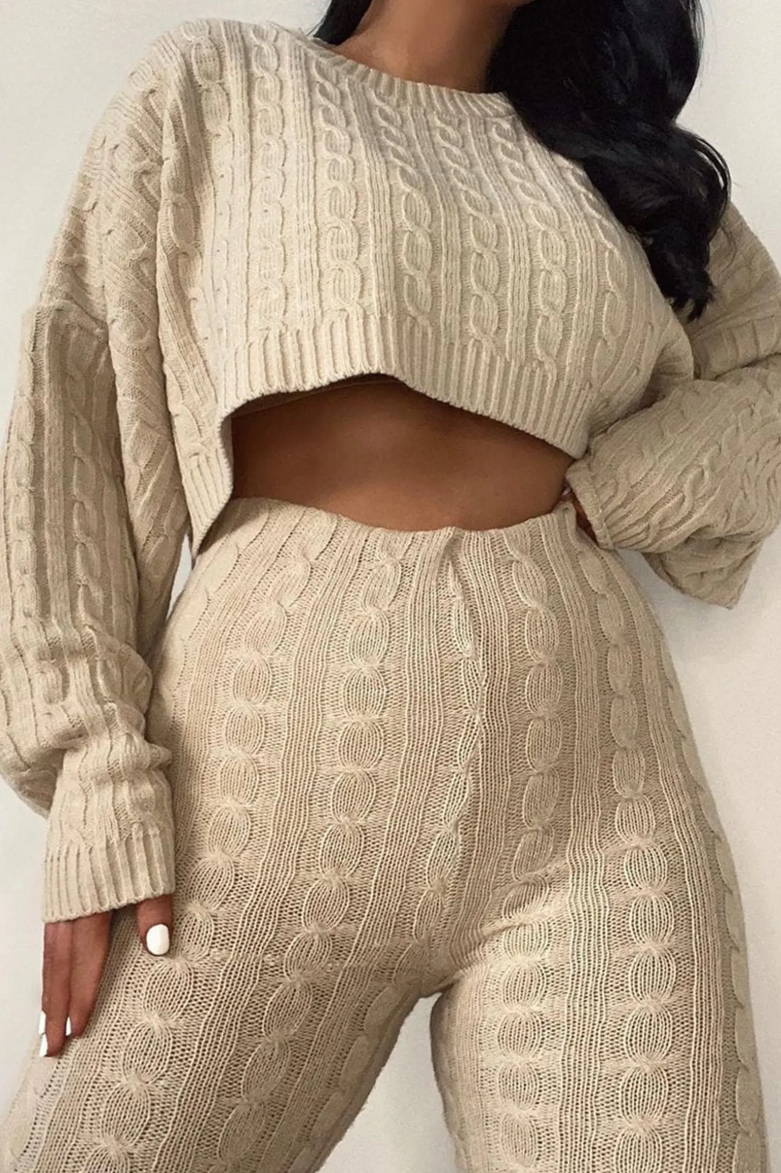 Rebellious Fashion Beige Cable Knit Batwing Jumper Loungewear Set - Janea