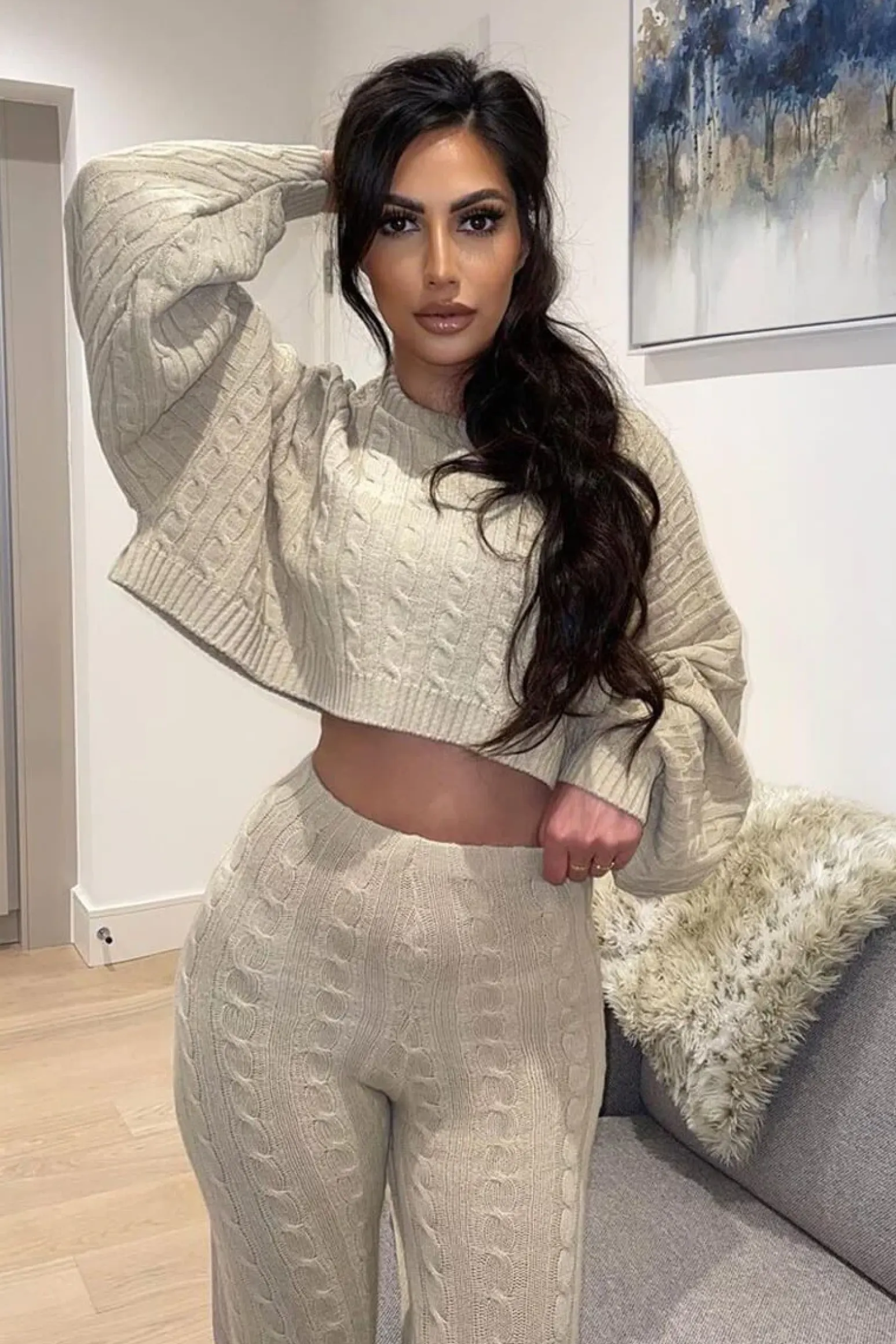 Rebellious Fashion Beige Cable Knit Batwing Jumper Loungewear Set - Janea