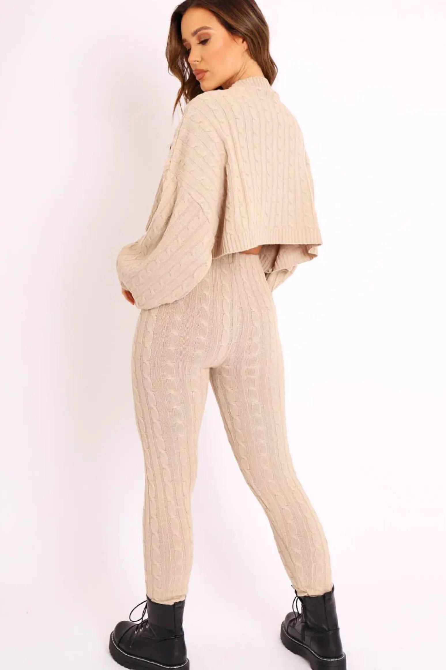 Rebellious Fashion Beige Cable Knit Batwing Jumper Loungewear Set - Janea