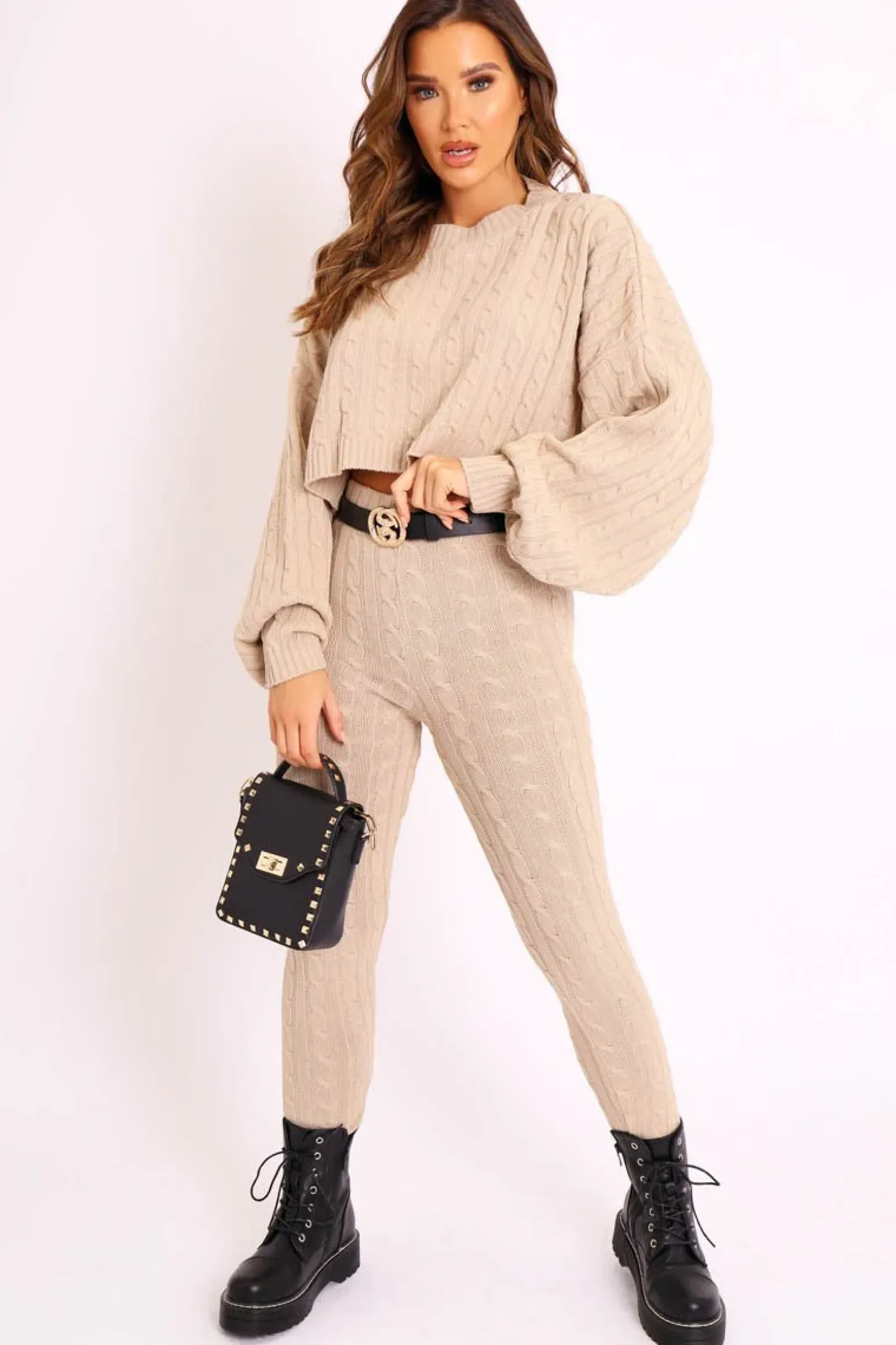 Rebellious Fashion Beige Cable Knit Batwing Jumper Loungewear Set - Janea