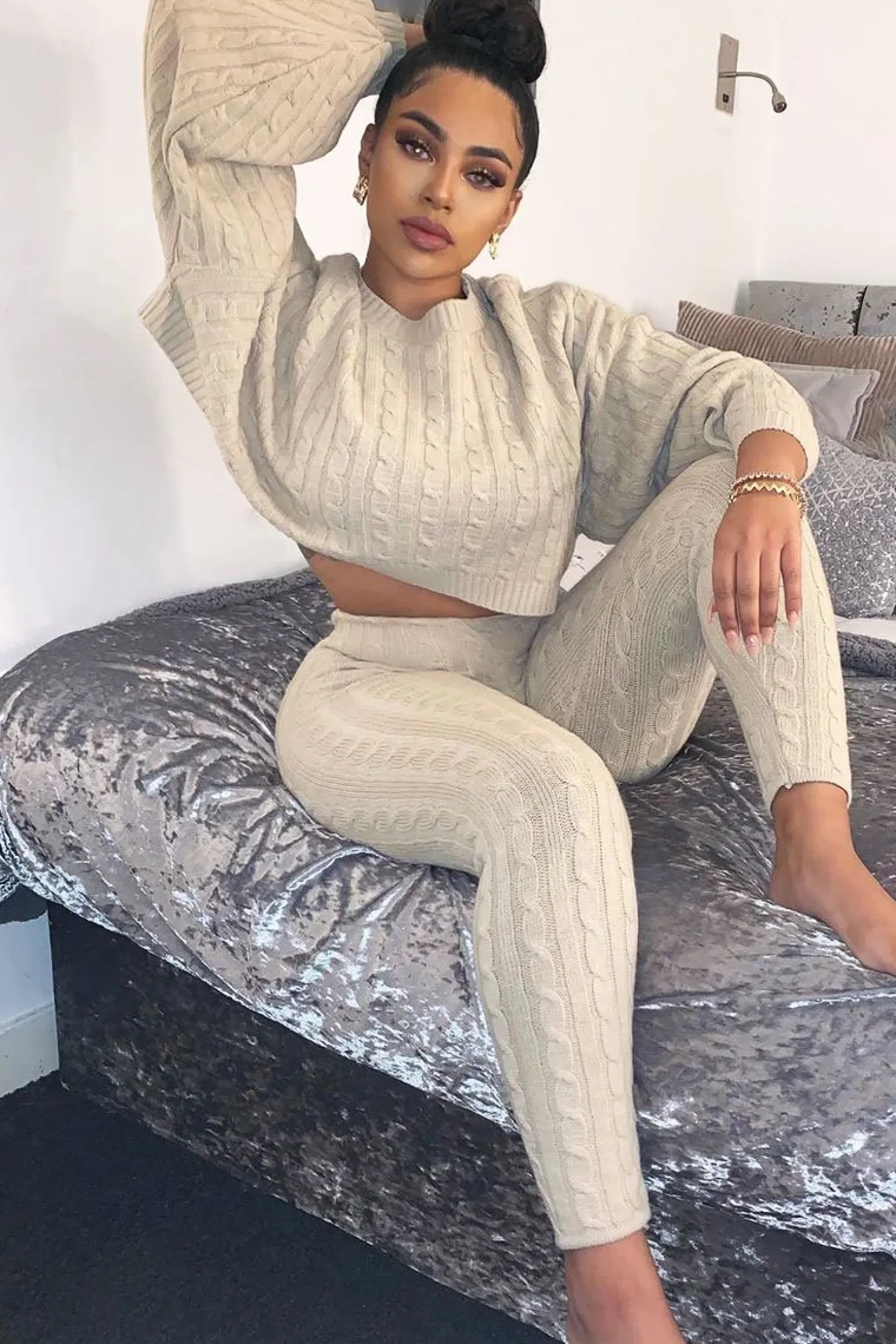 Rebellious Fashion Beige Cable Knit Batwing Jumper Loungewear Set - Janea