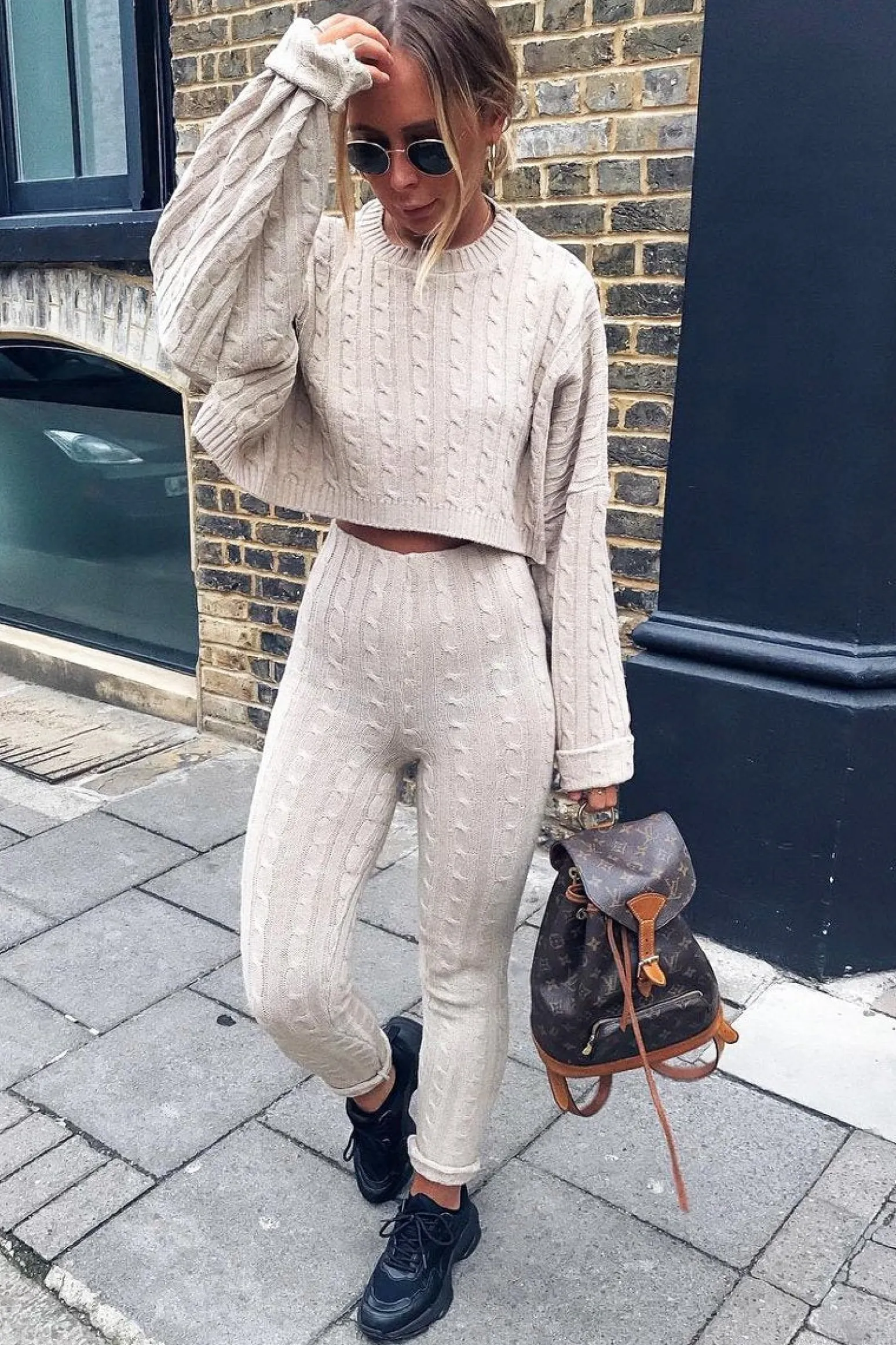 Rebellious Fashion Beige Cable Knit Batwing Jumper Loungewear Set - Janea
