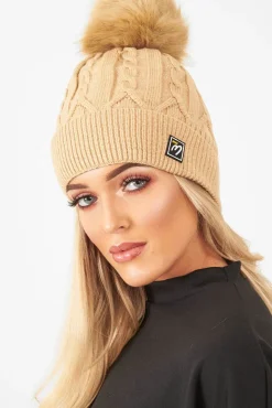 Rebellious Fashion Beige Cable Knit Bobble Hat - Lillyona