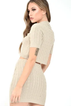 Rebellious Fashion Beige Cable Knit Crop Top And Skirt Co-ord - Galiana