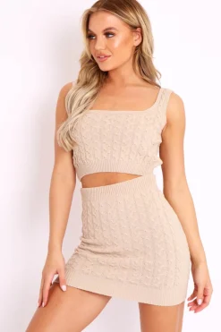 Rebellious Fashion Beige Cable Knit Crop Top Skirt Co-ord - Vennie