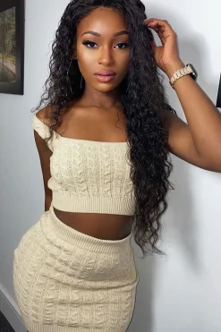Rebellious Fashion Beige Cable Knit Crop Top Skirt Co-ord - Vennie