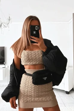 Rebellious Fashion Beige Cable Knit Crop Top Skirt Co-ord - Vennie