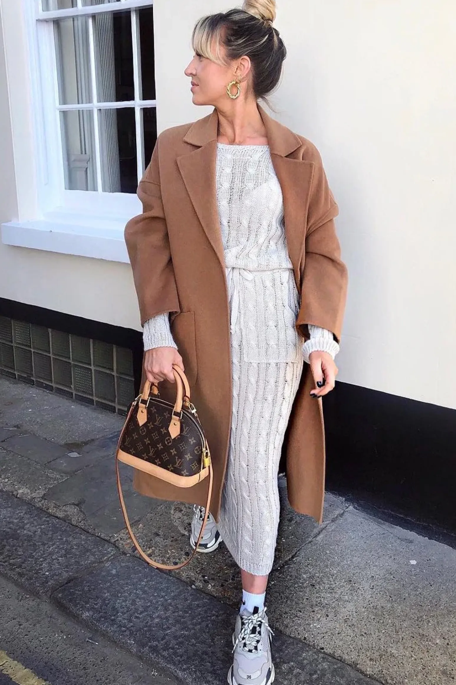 Rebellious Fashion Beige Cable Knit Drawstring Waist Dress - Rhea