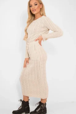 Rebellious Fashion Beige Cable Knit Drawstring Waist Dress - Rhea