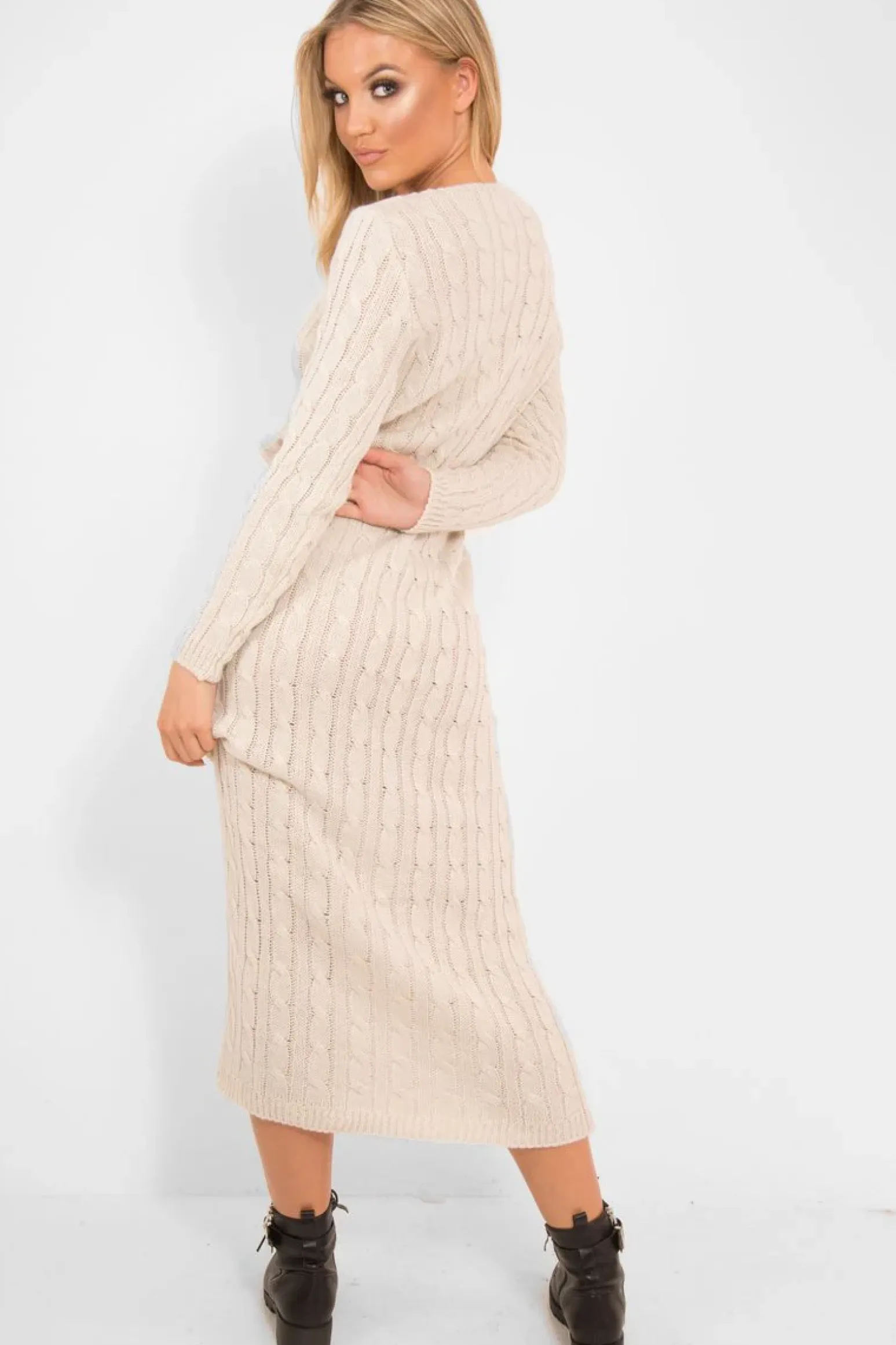 Rebellious Fashion Beige Cable Knit Drawstring Waist Dress - Rhea