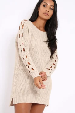 Rebellious Fashion Beige Cable Knit Jumper Dress with Cut out Detail - Daysie