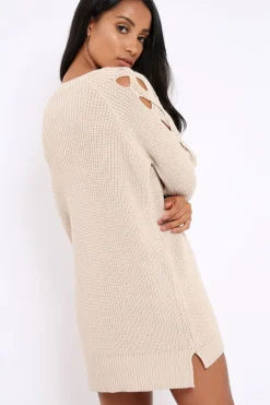 Rebellious Fashion Beige Cable Knit Jumper Dress with Cut out Detail - Daysie