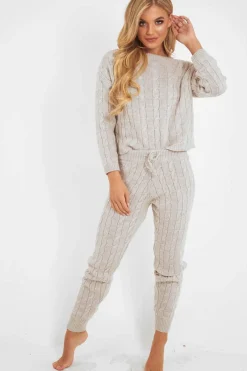 Rebellious Fashion Beige Cable Knit Jumper Jogger Co-Ord - Gabbi