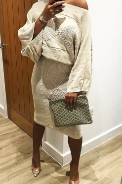 Rebellious Fashion Beige Cable Knit Jumper Midi Skirt Co-Ord - Mahari