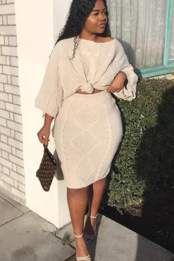 Rebellious Fashion Beige Cable Knit Jumper Midi Skirt Co-Ord - Mahari