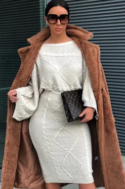 Rebellious Fashion Beige Cable Knit Jumper Midi Skirt Co-Ord - Mahari