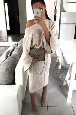 Rebellious Fashion Beige Cable Knit Jumper Midi Skirt Co-Ord - Mahari