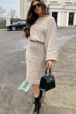 Rebellious Fashion Beige Cable Knit Jumper Midi Skirt Co-Ord - Mahari