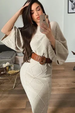 Rebellious Fashion Beige Cable Knit Jumper Midi Skirt Co-Ord - Mahari