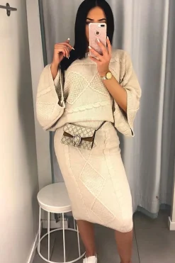Rebellious Fashion Beige Cable Knit Jumper Midi Skirt Co-Ord - Mahari