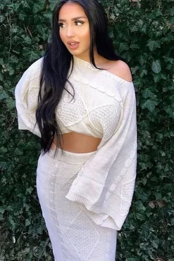 Rebellious Fashion Beige Cable Knit Jumper Midi Skirt Co-Ord - Mahari