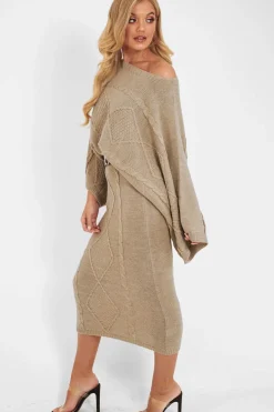 Rebellious Fashion Beige Cable Knit Jumper Midi Skirt Co-Ord - Mahari