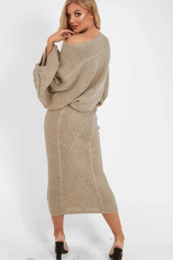 Rebellious Fashion Beige Cable Knit Jumper Midi Skirt Co-Ord - Mahari