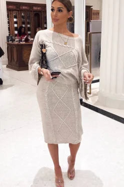 Rebellious Fashion Beige Cable Knit Jumper Midi Skirt Co-Ord - Mahari